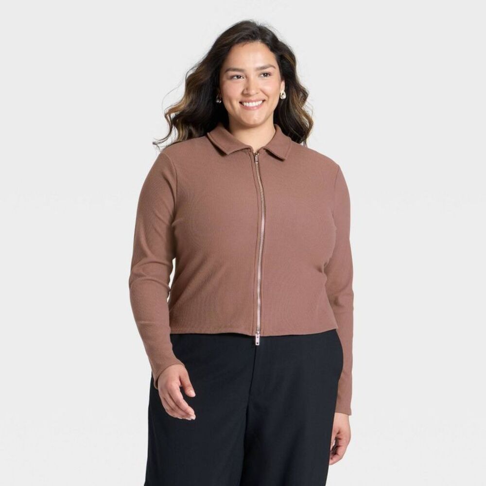 A New Day - Women's Long Sleeve Brushed Ribbed Polo Zip-Up Jac Brown